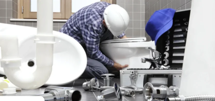 Technician installing a toilet